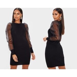 Nwt Pretty Little Thing Sheer Puff Sleeve Organza Bodycon Dress Womens M Black
